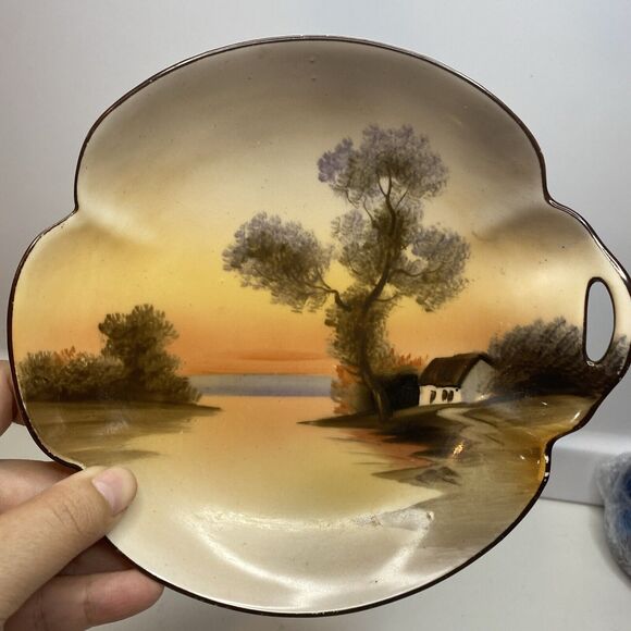 Vintage Hand Painted Noritake Bowl, Scenic Sunset, With Pierced Handle 6.25" - Picture 2 of 7